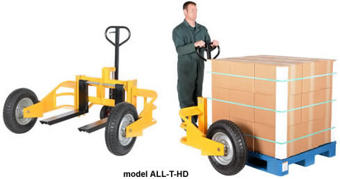 All Terrain Pallet Truck Model No. ALL-T-HD moving an opened bottom pallet.