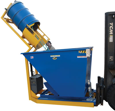 Thee T-HOP and Optional Hopper (D-200-LD) allows one person with a fork truck to safely and easily dump drums into a hopper.