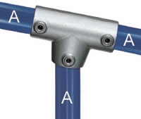 Type 88 Three Socket Angle Tee is used to join the top rail to an intermediate upright on a guardrail on a slope from 0 to 11 degrees.