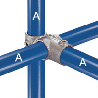 Type 46 Combination Socket Tee and Crossover is used on racking to join horizontal carrying rails to the upright, leaving the socket to take a horizontal tie across the section.