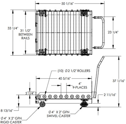 Drawing Showing the Dimensions of Fork Truck Battery Mover Model BTC-CART