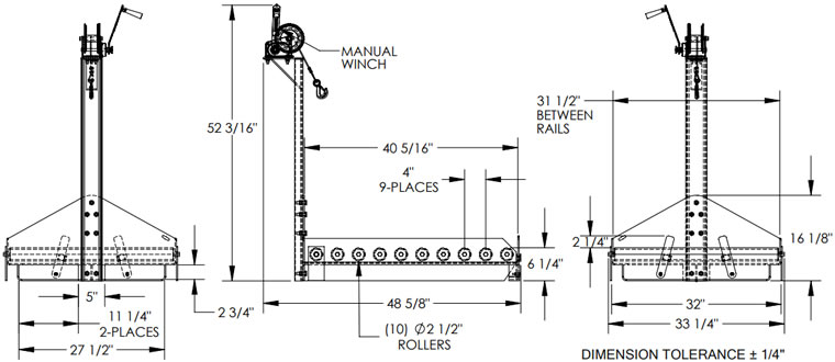 Drawing Showing the Dimensions of Fork Truck Battery Mover Model BTC-PJ-WINCH