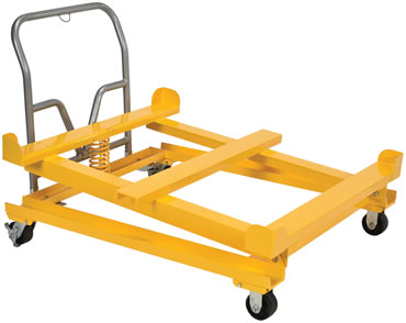 The Intermediate Bulk Container Tilting Cart rolls on casters for smooth transition from workstation to workstation.