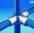 The Type 35 Three Socket Cross fitting is most frequently used to tie uprights with horizontal pipe in three directions, all at 90 degrees to the upright.