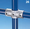 Type 26 Two Socket Cross is usually paired with Type 25 Three Socket Tee to give a 90 degree joint between the middle rail and an intermediate upright on a guard railing.