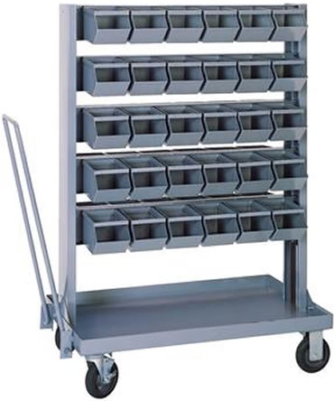 Mobile Bin Units feature bins that unclip from the rails for restocking and easier access.