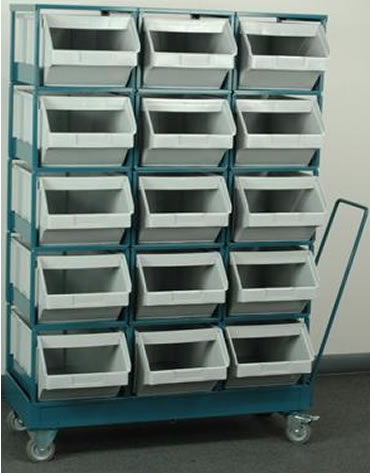 
These Plastic Mobile Bin Units include our heavy duty #4 Plastic Stackbins with steel Stackracks that interlock on top of the
mobile base.
