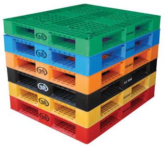 Plastic Pallets and Skids Series PLP2 are available in green, blue, orange, black, yellow and red.