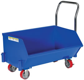 Low Profile Hoppers roll smoothly on two rigid and two swivel with brakes 5" x 2" poly-on-steel casters.