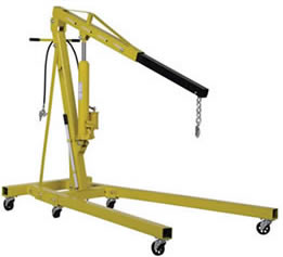 The Air and Hand Pump Hydraulic Shop Crane has several standard features such as foldable legs, adjustable boom, swivel hook, and steel construction.