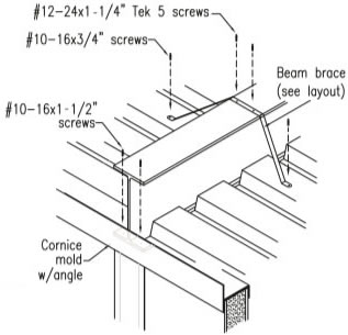 Secure ends of beam with #10-16 x 1-1/2" Tek 3 screws into cornice mold at wall. (Detail 10)