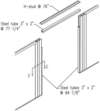 Assure that studs on each side of the door are plumb and located properly according to the layout. The distance between studs should be 76". (Detail V)